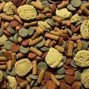 May include: A variety of fish food pellets in different shapes and sizes. The pellets are green, brown, and red.