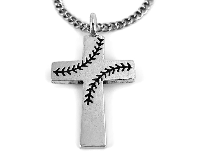 Baseball Stitch Cross Necklace Pewter on Stainless Steel Curb Chain
