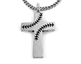 Baseball Stitch Cross Necklace Antique Silver Finish Stainless Steel Curb Chain (basecrossch) Softball