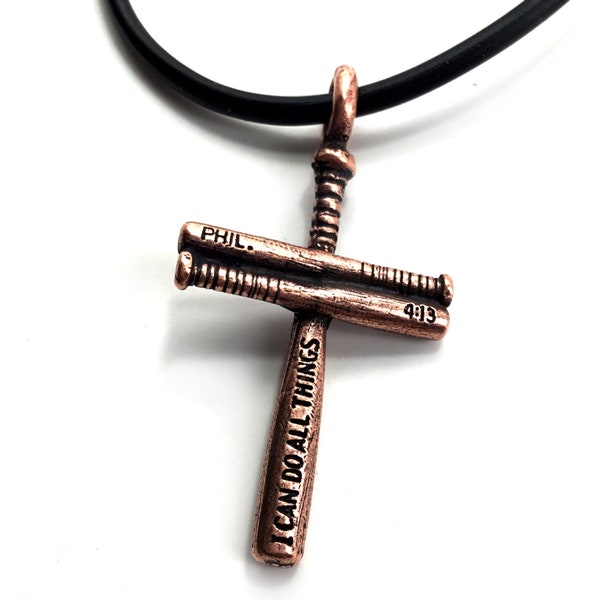 Philippians 4:13 I can do all things Baseball Bat Cross Necklace Small (clbc) Copper Pewter