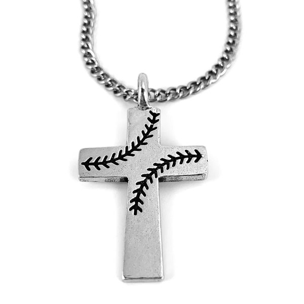 Baseball Stitch Cross Necklace Pewter on Stainless Steel Curb Chain (basecrossch) Antique Silver Finish Softball