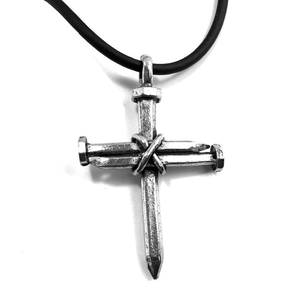 Antique Nail Cross Necklace In Pewter On Leather (lc87bleather)