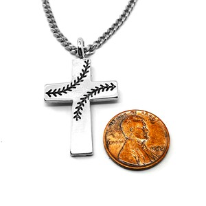 Baseball Stitch Cross Necklace Rhodium Finish Stainless Steel Curb Chain (basecrossrhdch) Softball image 3