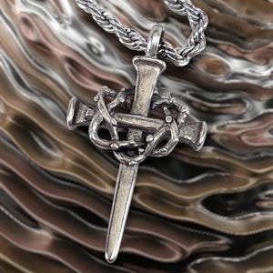 Nail Cross with Crown of Thorns Necklace Rope Chain (aa4ropech)