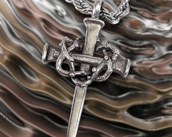 Nail Cross with Crown of Thorns Necklace Rope Chain (aa4ropech)