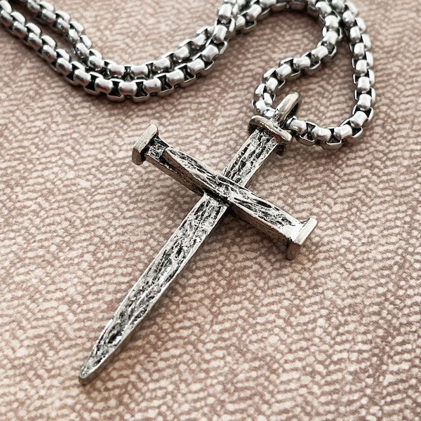 Nail Cross Large (lgc10-hvch) Antique Silver Metal Finish Pendant Necklace Heavy Chain