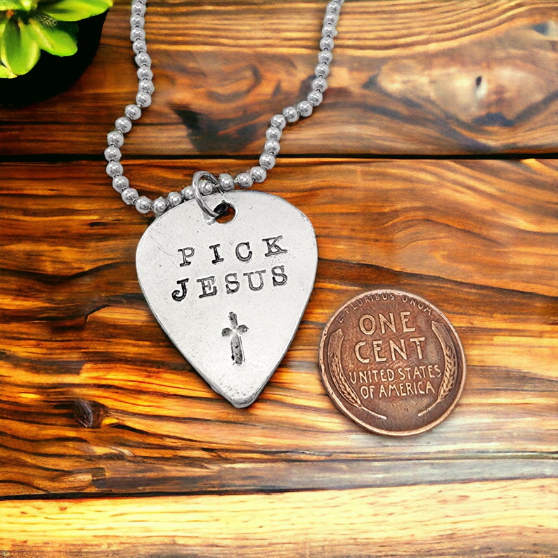 Cross Guitar Pick Jesus Antique Silver Finish Pendant pjbc Ball Chain Necklace image 2