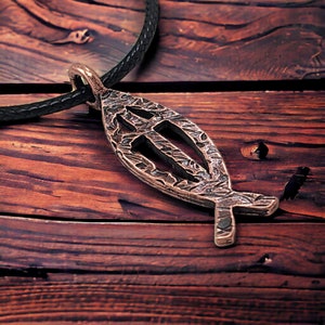 Ichthus Hammered Fish Cross Antique Copper Pendant Black Cord Necklace (b7ham-c)