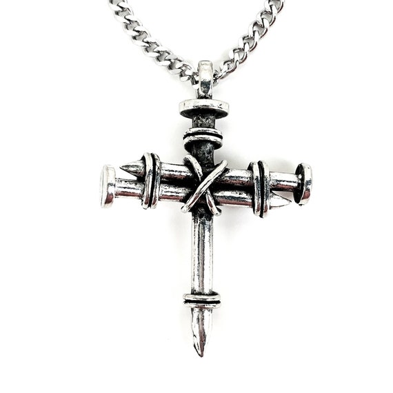 Christian Nail Wire Wrapped Cross aa9ch on Stainless Steel Curb Chain