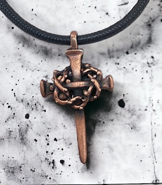 Nail Crown of Thorns Cross Pewter Antique Copper Metal Finish