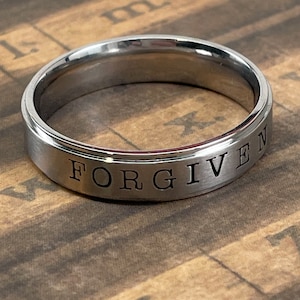 Forgiven Hand Stamped Stainless Steel Ring Type Text