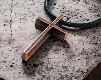 Small Slender Cross Pendant Antique Copper Finish (cc2-c) Black Cord Necklace