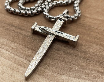 Nail Cross Large (lgc10rhd-hvch) Rhodium Metal Finish Pendant Necklace Heavy Chain