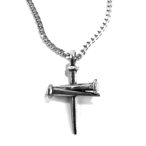 Nail Cross Necklace Silver Finish On Curb Chain C80lch - Nail Cross Pendant Nail Cross Necklace Silver Finish On Curb Chain C80lch - Nail Cross Pendant