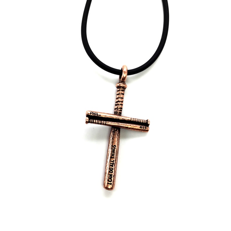 Baseball Bat Cross Necklace scbb-finishes Philippians 4:13 I can do all things Copper Finish