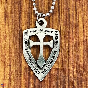 Cross Shield Necklace On Ball Chain (aa6) Lord is my Strength and Salvation
