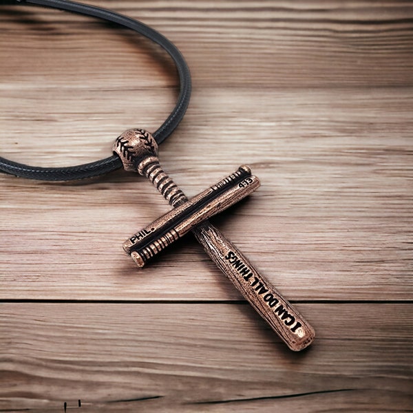 Copper Baseball Bat And Ball Cross Necklace Philippians 4:13