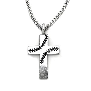 Baseball Stitch Cross Necklace Rhodium Finish Stainless Steel Curb Chain (basecrossrhdch) Softball image 4