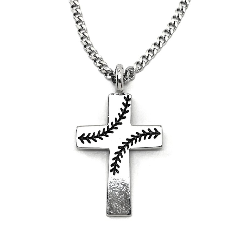 Baseball Stitch Cross Necklace Rhodium Finish Stainless Steel Curb Chain (basecrossrhdch) Softball image 4