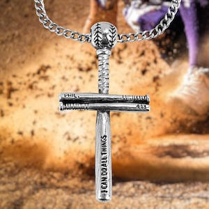Baseball Bat And Ball Cross Chain Necklace Pewter (scbballch) Philippians 4:13 I can do all things