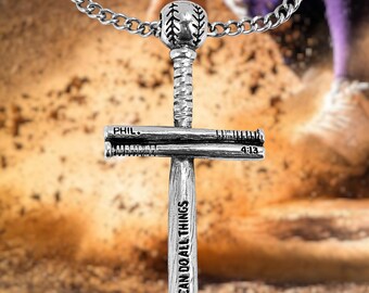 Pewter Baseball Bat Cross Necklace, Philippians 4:13, Stainless Steel Curb Chain