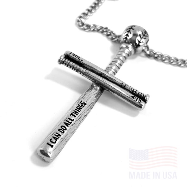 Baseball Bat And Ball Cross Chain Necklace Pewter (scbballch) Philippians 4:13 I can do all things