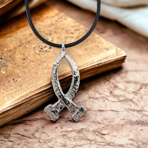 Jesus Ichthus Large Hammered Fish Rhodium Finish Necklace (lgb6hrhd)