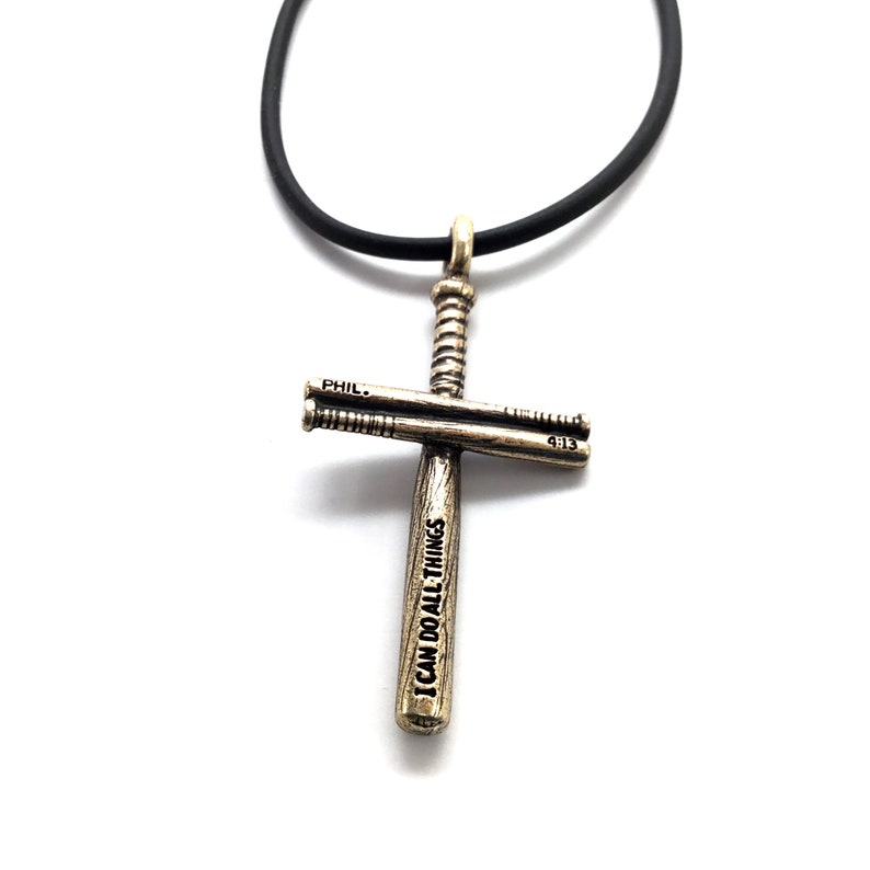 Baseball Bat Cross Necklace scbb-finishes Philippians 4:13 I can do all things Brass Finish