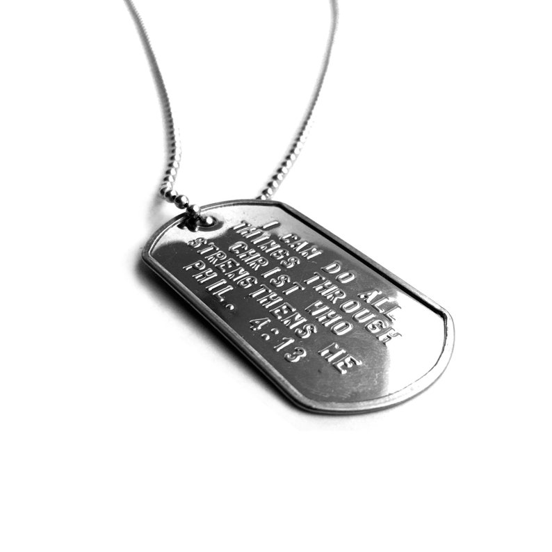 thumbnail image 2 of I Can Do All Things Through Christ Dog Tag Necklace – Stainless Steel, Philippians 4:13, Handmade USA 2 of 5