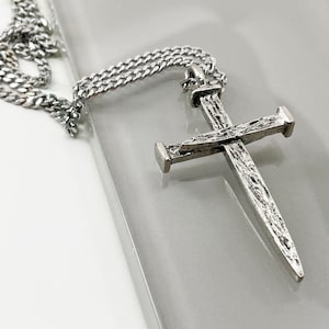 Nail Cross Large (lgc10-ch) Antique Silver Metal Finish Pendant Stainless Steel Chain Necklace