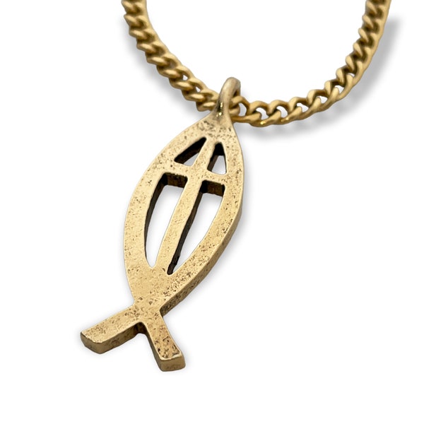 Cross Ichthus Fish Gold Finish Pendant Gold Stainless Steel Chain Necklace (b6-g-gchain)