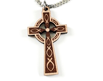 Celtic Wood Fish Cross on Stainless Steel Chain