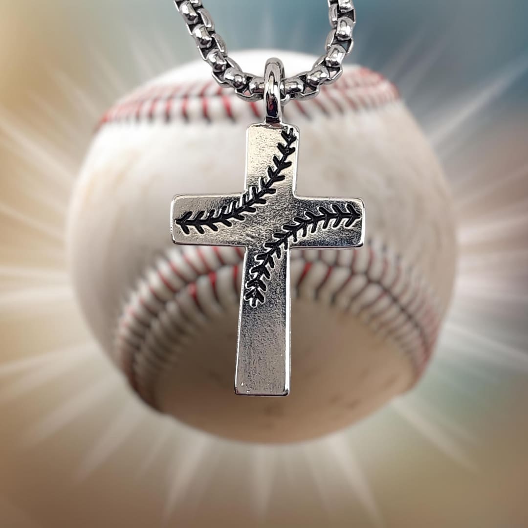 Baseball Stitch Cross Necklace Silver Metal Finish Heavy Stainless ...