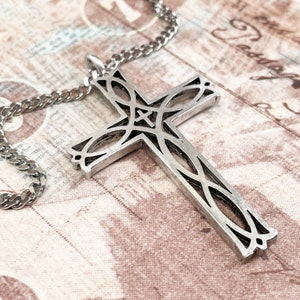 Cross Jesus Ichthus Fish Antique Silver Necklace on Curb Chain (b8cfch)