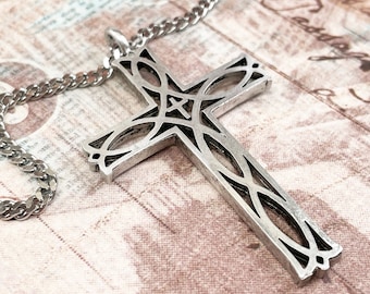Cross Jesus Ichthus Fish Antique Silver Necklace on Curb Chain (b8cfch)