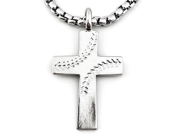 Baseball Stitch Cross Necklace Rhodium Finish Heavy Stainless Steel BOX Chain (basecrossrhdhvch) Softball