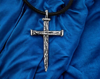 Antique Nail Cross Large Rhodium Metal Finish Pendant (lgc10rhd) Black CordNecklace