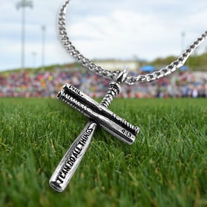 Small Baseball Bat Cross Necklace Pewter on 14-30 Inch chain (CLB18chain) Philippians 4:13 I can do all things