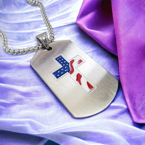 American Flag Cross Tag Necklace on Heavy Box Chain Stainless Steel (fthvch)