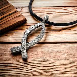 Ichthus Hammered Fish Antique Silver Pendant Black Cord Necklace (b6ham-rub)