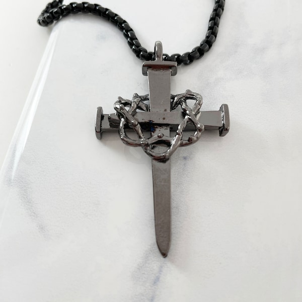 Nail Cross Large Dark Metal Finish Crown of Thorns Pendant Dark Heavy Box Chain Necklace (aa4gm-dhvch)