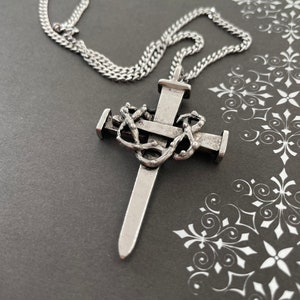 Thorns Nail Cross Large (lgaa4-ch) Antique Silver Metal Finish Pendant Stainless Steel Chain Necklace