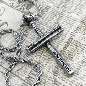 Baseball Bat And Ball Cross Rope Chain Necklace Pewter (scbballropech) Philippians 4:13 I can do all things