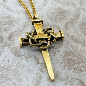 Collana con corona di spine a forma di croce grande (lgaa4g-gch) in metallo dorato con catena a maglie