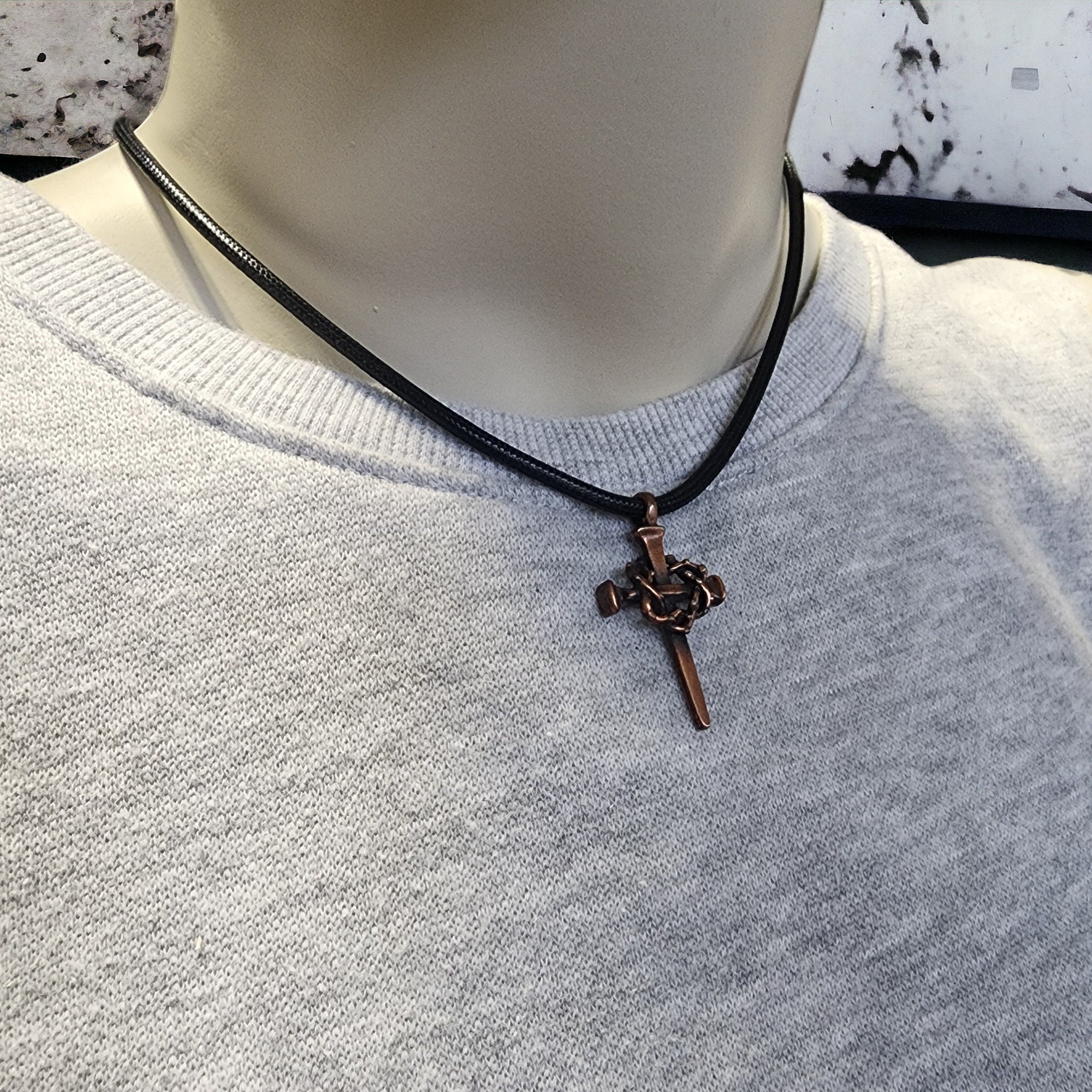 Nail Crown of Thorns Cross Pewter Antique Copper Metal Finish