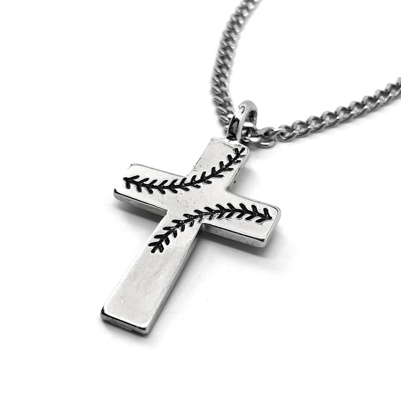 Baseball Stitch Cross Necklace Rhodium Finish Stainless Steel Curb Chain (basecrossrhdch) Softball image 2