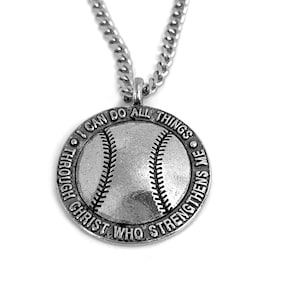 May include: Silver necklace with a round pendant featuring a baseball and the text "I can do all things through Christ who strengthens me."