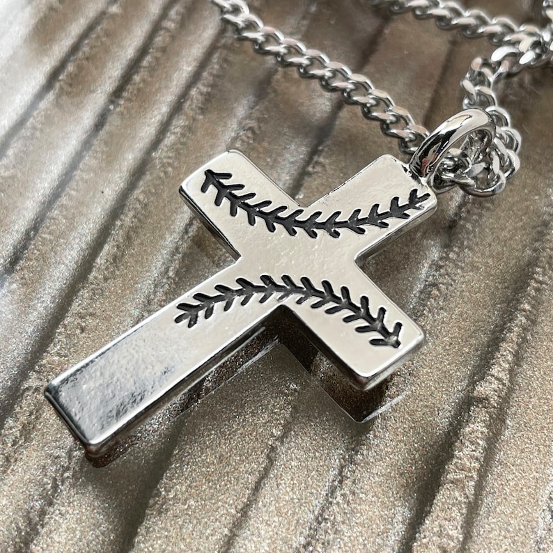 Baseball Stitch Cross Necklace Rhodium Finish Stainless Steel Curb Chain (basecrossrhdch) Softball image 1
