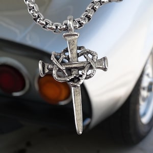 Nail Cross with Crown of Thorns On Heavy Box Chain (aa4hvchain)