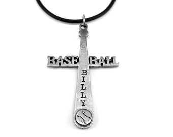 Baseball Bat Cross Customized Name Word Date Necklace Antique Silver